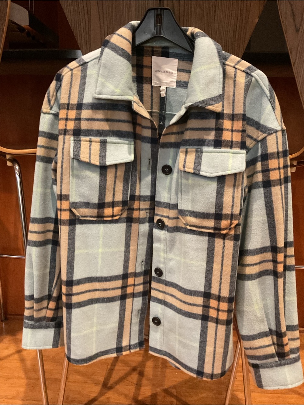 Women’s Plaid Shacket Jacket in Light Blue and Tan